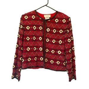 VTG Papelli Designer Beaded Silk Evening Jacket Red Black Gold stunning SZ L